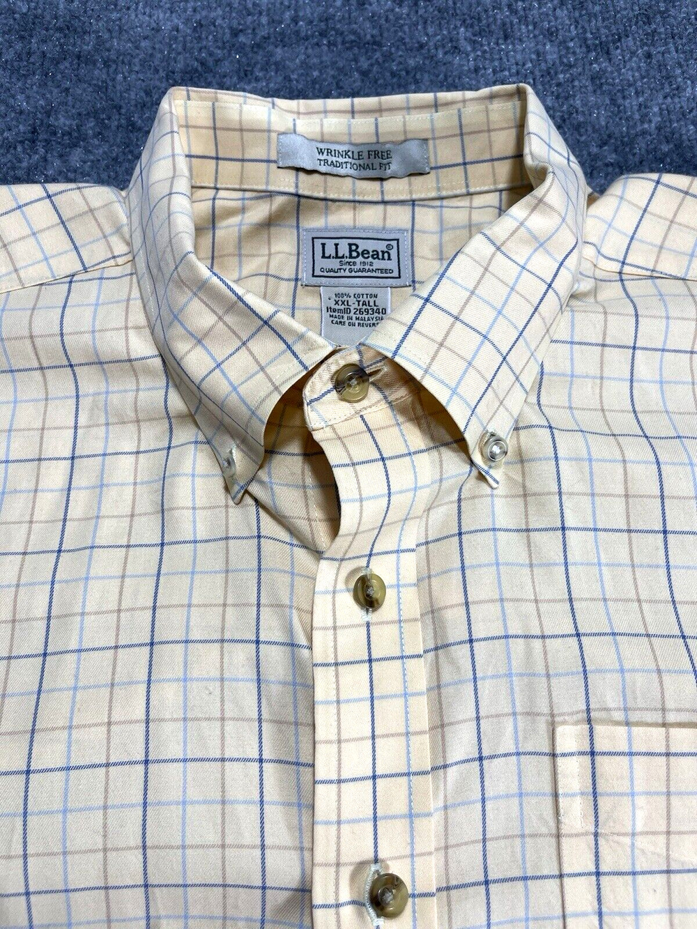 LL Bean Mens Button Down Shirt XXL Tall Checked Yellow Long Sleeves Wrinkle Free